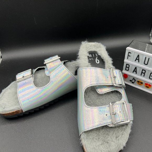 Mix No. 6 Shoes - NWOB Mix No. 6 Faux Fur Lined Holographic Birkenstock Type Sandal Slides…